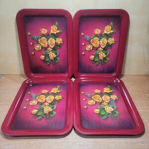 Beautiful Vintage Heavy Red Metal Serving Trays Yellow Roses Lot Of 4